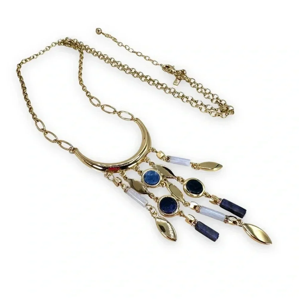 White House Black Market Long Necklace Dangle Fringe Gold Blue Adjustabl…